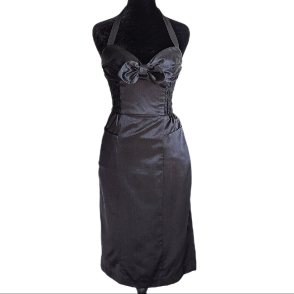 Betsey Johnson Vintage 90s Y2K Prom Bridal Halter Bowtie Satin Silk Mini Dress